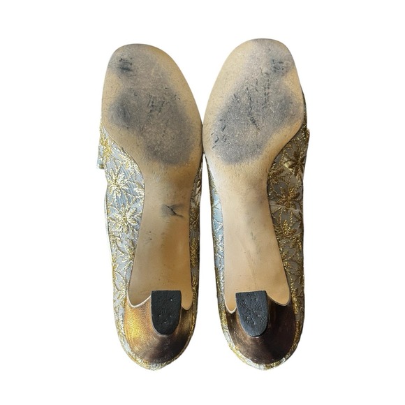 Vintage 60s Metallic Gold Lurex Lamé Brocade Bow Heels Low Cocktail Pumps Sz 7.5 - Picture 9 of 13